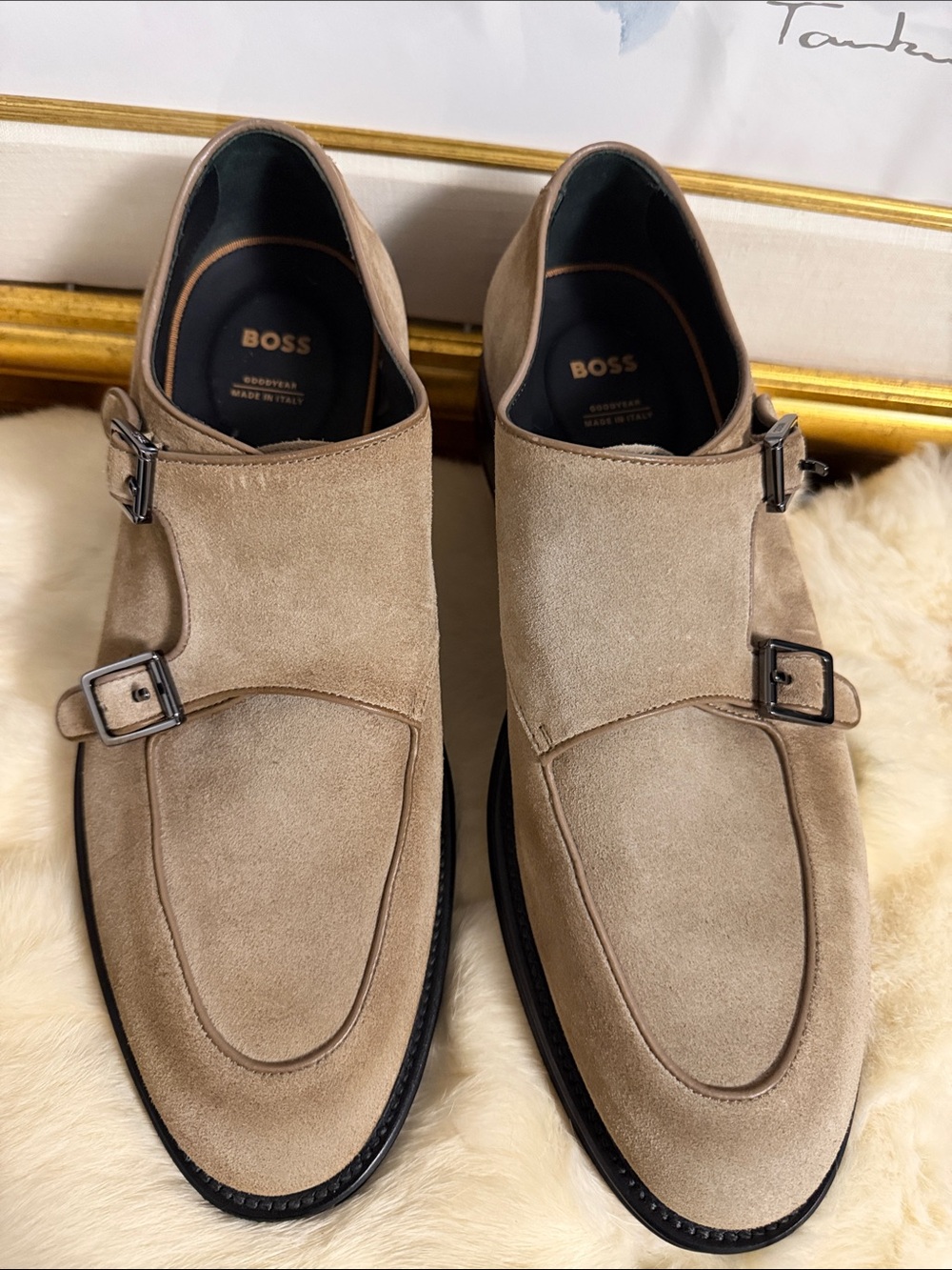 Boss Taupe Suede Double Monk Strap Shoes